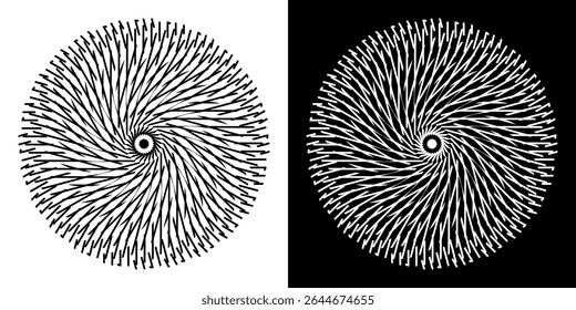 Plano de fundo abstrato com padrão de linha abstrato em círculos. Projeto de arte em espiral como um logotipo ou ícone. Uma figura preta sobre um fundo branco e a mesma figura branca em um lado preto. Projeto Mandala com linha