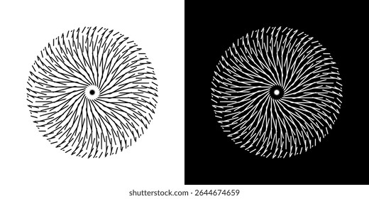 Plano de fundo abstrato com padrão de linha abstrato em círculos. Projeto de arte em espiral como um logotipo ou ícone. Uma figura preta sobre um fundo branco e a mesma figura branca em um lado preto. Projeto Mandala com linha