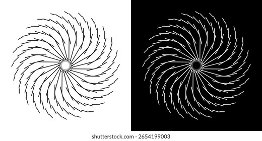 Abstract background with abstract line pattern in circles. Spiral art design as a logo or icon. A black figure on a white background and the same white figure on a black side. Mandala design with line