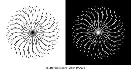 Abstrakter Hintergrund mit abstraktem Linienmuster in Kreisen. Spiral Art Design als Logo oder Ikone. Eine schwarze Figur auf weißem Hintergrund und dieselbe weiße Figur auf einer schwarzen Seite. Mandala Design mit Linie