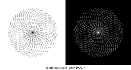 Abstract background with abstract line pattern in circles. Spiral art design as a logo or icon. A black figure on a white background and the same white figure on a black side. Mandala design with line