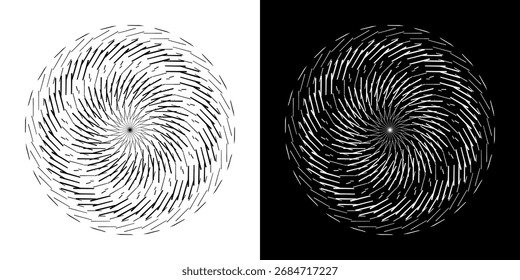 Plano de fundo abstrato com padrão de linha abstrato em círculos. Projeto de arte em espiral como um logotipo ou ícone. Uma figura preta sobre um fundo branco e a mesma figura branca em um lado preto. Projeto Mandala com linha