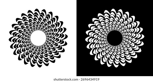Plano de fundo abstrato com padrão de linha abstrato em círculos. Projeto de arte em espiral como um logotipo ou ícone. Uma figura preta sobre um fundo branco e a mesma figura branca em um lado preto. Projeto Mandala com linha