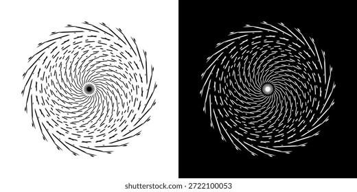 Abstrakter Hintergrund mit abstraktem Linienmuster in Kreisen. Spiral Art Design als Logo oder Ikone. Eine schwarze Figur auf weißem Hintergrund und dieselbe weiße Figur auf einer schwarzen Seite. Mandala Design mit Linie