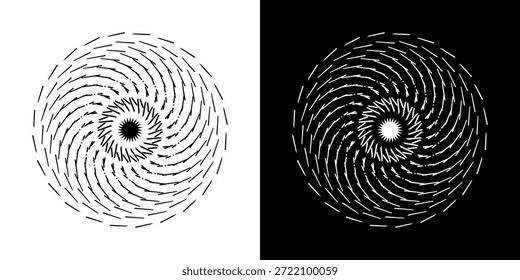 Abstrakter Hintergrund mit abstraktem Linienmuster in Kreisen. Spiral Art Design als Logo oder Ikone. Eine schwarze Figur auf weißem Hintergrund und dieselbe weiße Figur auf einer schwarzen Seite. Mandala Design mit Linie