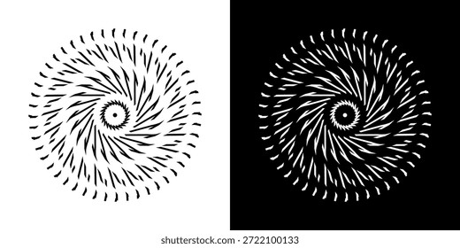 Plano de fundo abstrato com padrão de linha abstrato em círculos. Projeto de arte em espiral como um logotipo ou ícone. Uma figura preta sobre um fundo branco e a mesma figura branca em um lado preto. Projeto Mandala com linha