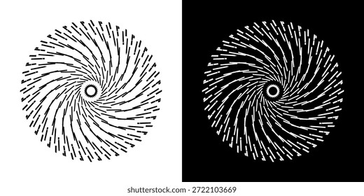 Abstract background with abstract line pattern in circles. Spiral art design as a logo or icon. A black figure on a white background and the same white figure on a black side. Mandala design with line	