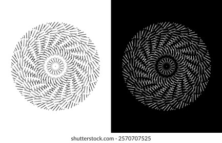Abstract background with line pattern forming circle. Spiral art design as logo or icon. Black lines on white background and same white lines on black side. Mandala with line pattern.