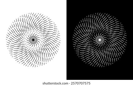 Abstract background with line pattern forming circle. Spiral art design as logo or icon. Black lines on white background and same white lines on black side. Mandala with line pattern.