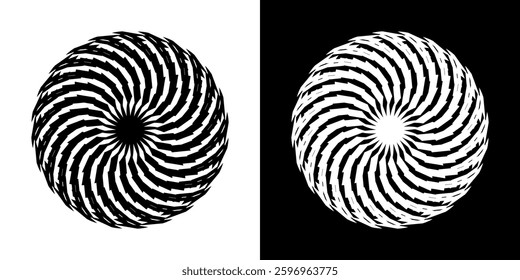 Abstract background with line pattern forming circle. Spiral art design as logo or icon. Black lines on white background and same white lines on black side. Mandala with line pattern.	
