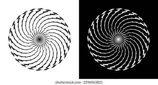 Abstract background with line pattern forming circle. Spiral art design as logo or icon. Black lines on white background and same white lines on black side. Mandala with line pattern.	
