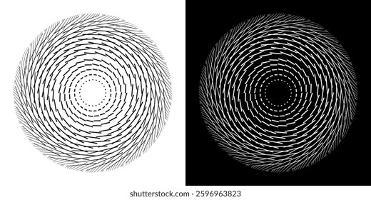 Abstract background with line pattern forming circle. Spiral art design as logo or icon. Black lines on white background and same white lines on black side. Mandala with line pattern.	
