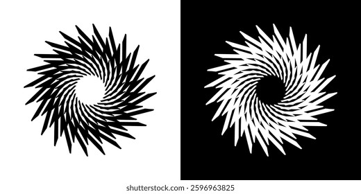Abstract background with line pattern forming circle. Spiral art design as logo or icon. Black lines on white background and same white lines on black side. Mandala with line pattern.	
