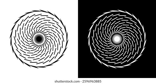 Abstract background with line pattern forming circle. Spiral art design as logo or icon. Black lines on white background and same white lines on black side. Mandala with line pattern.	
