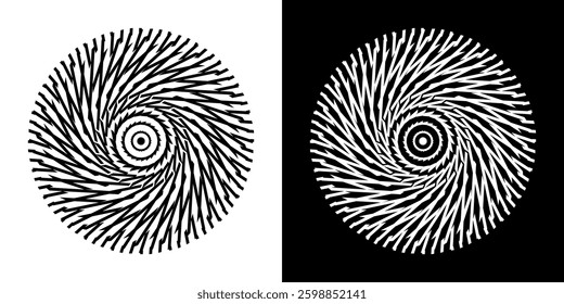 Abstract background with line pattern forming circle. Spiral art design as logo or icon. Black lines on white background and same white lines on black side. Mandala with line pattern.	
