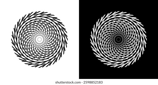 Abstract background with line pattern forming circle. Spiral art design as logo or icon. Black lines on white background and same white lines on black side. Mandala with line pattern.	