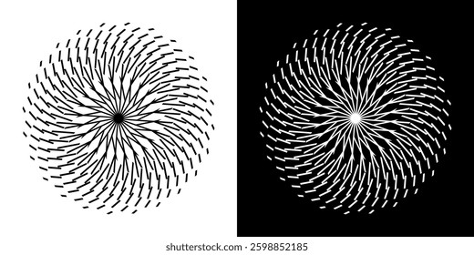 Abstract background with line pattern forming circle. Spiral art design as logo or icon. Black lines on white background and same white lines on black side. Mandala with line pattern.	