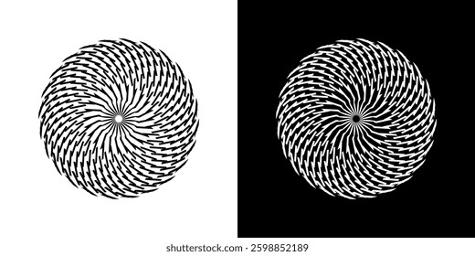 Abstract background with line pattern forming circle. Spiral art design as logo or icon. Black lines on white background and same white lines on black side. Mandala with line pattern.	