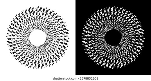 Abstract background with line pattern forming circle. Spiral art design as logo or icon. Black lines on white background and same white lines on black side. Mandala with line pattern.	