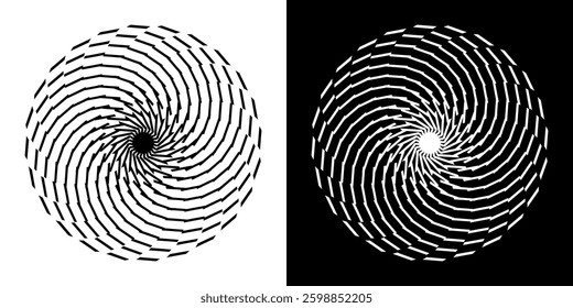 Abstract background with line pattern forming circle. Spiral art design as logo or icon. Black lines on white background and same white lines on black side. Mandala with line pattern.	