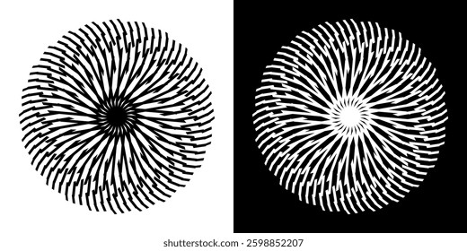 Abstract background with line pattern forming circle. Spiral art design as logo or icon. Black lines on white background and same white lines on black side. Mandala with line pattern.	