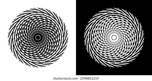 Abstract background with line pattern forming circle. Spiral art design as logo or icon. Black lines on white background and same white lines on black side. Mandala with line pattern.	