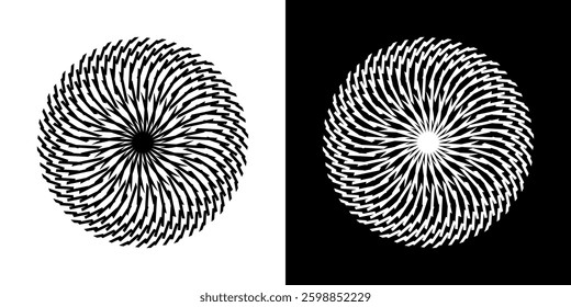 Abstract background with line pattern forming circle. Spiral art design as logo or icon. Black lines on white background and same white lines on black side. Mandala with line pattern.	