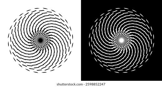 Abstract background with line pattern forming circle. Spiral art design as logo or icon. Black lines on white background and same white lines on black side. Mandala with line pattern.	