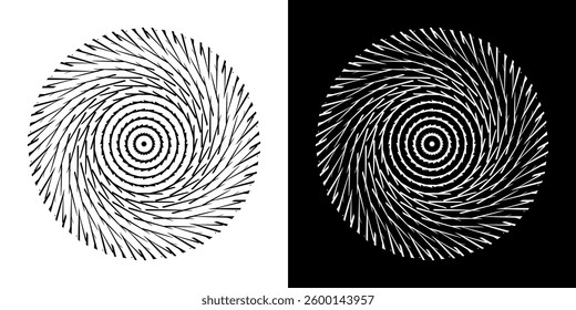 Abstract background with line pattern forming circle. Spiral art design as logo or icon. Black lines on white background and same white lines on black side. Mandala with line pattern.	
