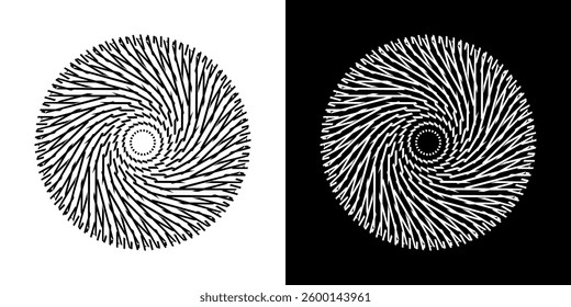 Abstract background with line pattern forming circle. Spiral art design as logo or icon. Black lines on white background and same white lines on black side. Mandala with line pattern.	
