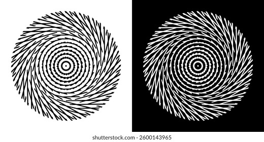 Abstract background with line pattern forming circle. Spiral art design as logo or icon. Black lines on white background and same white lines on black side. Mandala with line pattern.	
