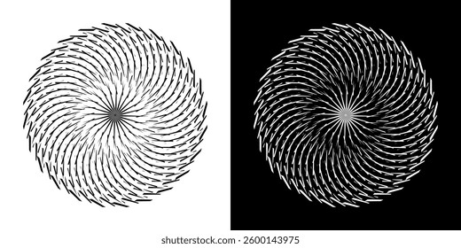 Abstract background with line pattern forming circle. Spiral art design as logo or icon. Black lines on white background and same white lines on black side. Mandala with line pattern.	
