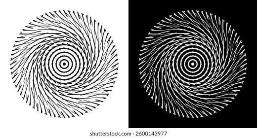 Abstract background with line pattern forming circle. Spiral art design as logo or icon. Black lines on white background and same white lines on black side. Mandala with line pattern.	
