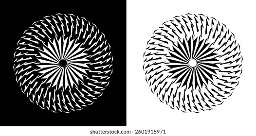 Abstract background with line pattern forming circle. Spiral art design as logo or icon. Black lines on white background and same white lines on black side. Mandala with line pattern.	
