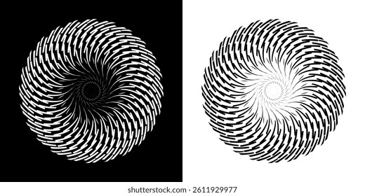 Abstract background with line pattern forming circle. Spiral art design as logo or icon. Black lines on white background and same white lines on black side. Mandala with line pattern.