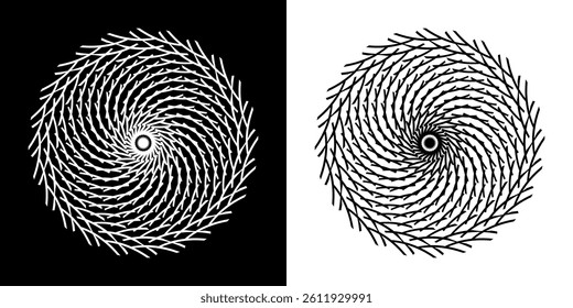 Abstract background with line pattern forming circle. Spiral art design as logo or icon. Black lines on white background and same white lines on black side. Mandala with line pattern.