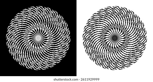 Abstract background with line pattern forming circle. Spiral art design as logo or icon. Black lines on white background and same white lines on black side. Mandala with line pattern.