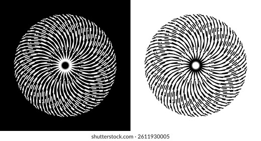 Abstract background with line pattern forming circle. Spiral art design as logo or icon. Black lines on white background and same white lines on black side. Mandala with line pattern.