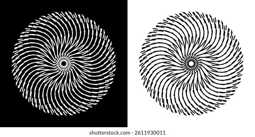 Abstract background with line pattern forming circle. Spiral art design as logo or icon. Black lines on white background and same white lines on black side. Mandala with line pattern.