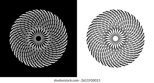 Abstract background with line pattern forming circle. Spiral art design as logo or icon. Black lines on white background and same white lines on black side. Mandala with line pattern.