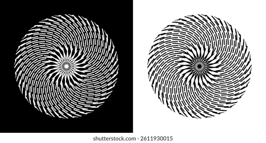 Abstract background with line pattern forming circle. Spiral art design as logo or icon. Black lines on white background and same white lines on black side. Mandala with line pattern.