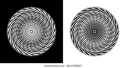 Abstract background with line pattern forming circle. Spiral art design as logo or icon. Black lines on white background and same white lines on black side. Mandala with line pattern.