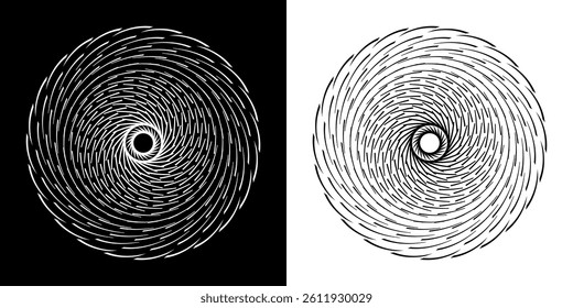 Abstract background with line pattern forming circle. Spiral art design as logo or icon. Black lines on white background and same white lines on black side. Mandala with line pattern.