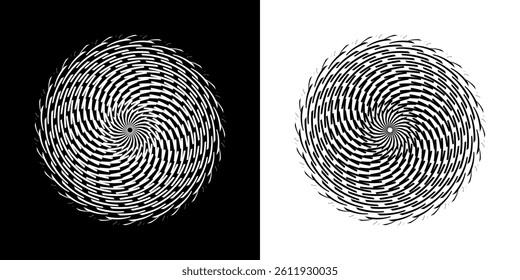 Abstract background with line pattern forming circle. Spiral art design as logo or icon. Black lines on white background and same white lines on black side. Mandala with line pattern.