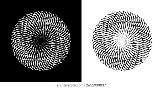 Abstract background with line pattern forming circle. Spiral art design as logo or icon. Black lines on white background and same white lines on black side. Mandala with line pattern.