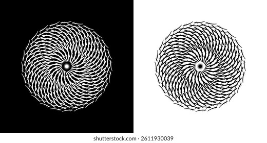 Abstract background with line pattern forming circle. Spiral art design as logo or icon. Black lines on white background and same white lines on black side. Mandala with line pattern.