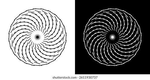 Abstract background with line pattern forming circle. Spiral art design as logo or icon. Black lines on white background and same white lines on black side. Mandala with line pattern.