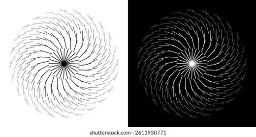 Abstract background with line pattern forming circle. Spiral art design as logo or icon. Black lines on white background and same white lines on black side. Mandala with line pattern.