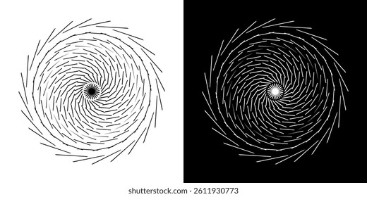 Abstract background with line pattern forming circle. Spiral art design as logo or icon. Black lines on white background and same white lines on black side. Mandala with line pattern.