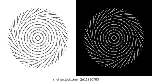 Abstract background with line pattern forming circle. Spiral art design as logo or icon. Black lines on white background and same white lines on black side. Mandala with line pattern.